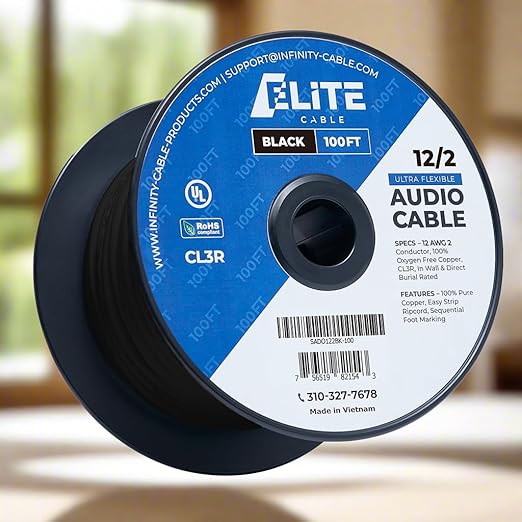 Elite 12/2 Speaker Wire 100ft, UL Listed, CMR/CL3R, (Riser/in-Wall & Outdoor/In-Ground (Direct Burial)- 100% Oxygen Free Pure Bare Copper (OFC), 12AWG/2-Conductor, 100ft Bulk Cable (65 Strands) Black