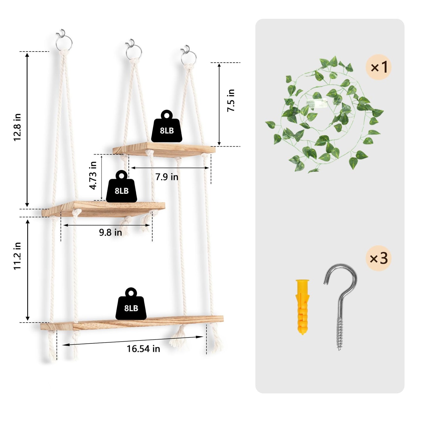 FKSLIFE Hanging Shelves for Wall,Macrame Hanging Plant Shelf with Vine Lights 3 Tier Rope Floating Shelf Wood Organizer Storage Rack Boho Wall Decor Aesthetic for Succulents Bedroom Bathroom Kitchen
