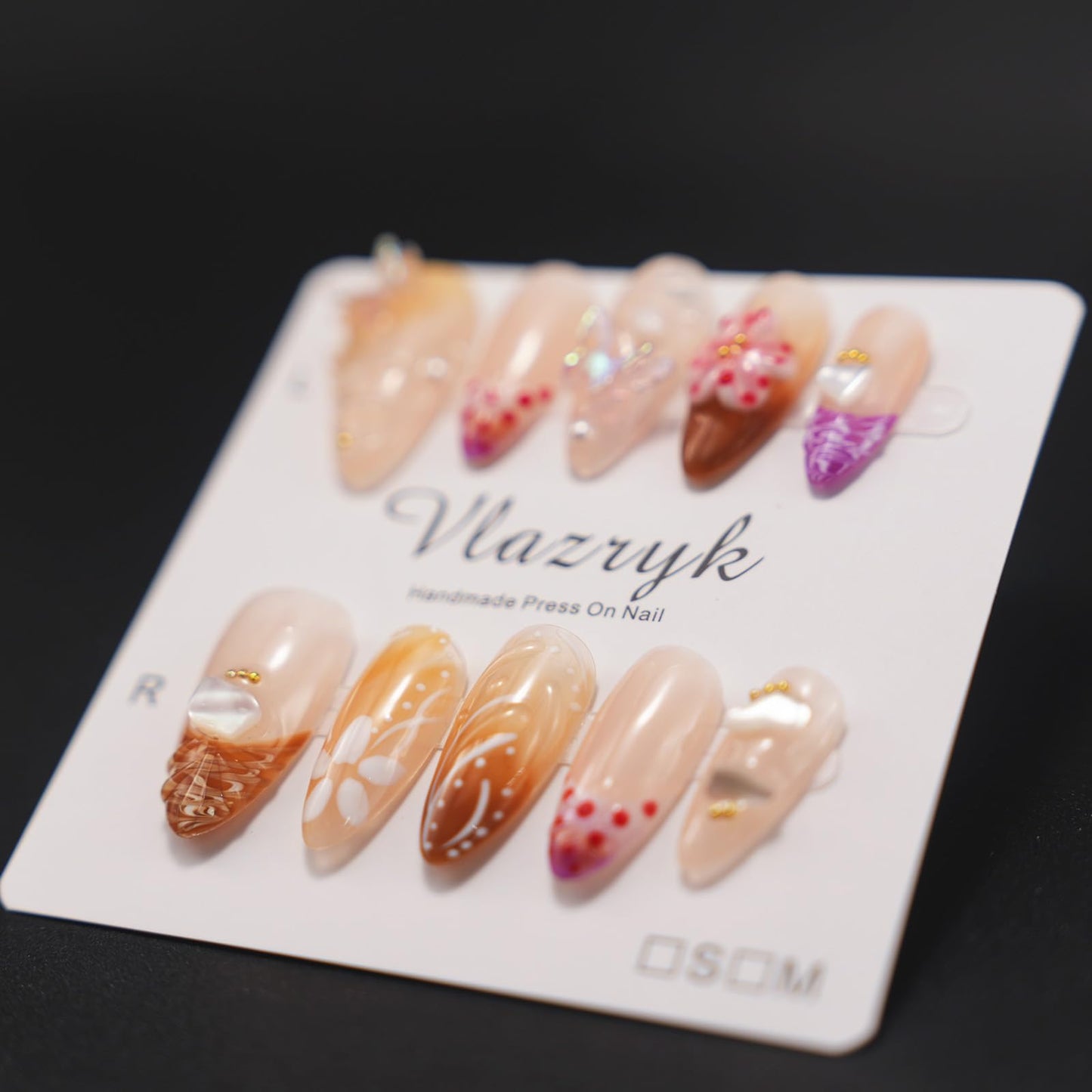 Handmade Press-On Nails – Medium Almond French Tip 3D Butterfly & Brown gradient Flowers Nails,Salon-Quality Reusable Fake Nails,Handcrafted Multi-Layer Gel & Acrylic Nails M SIZE