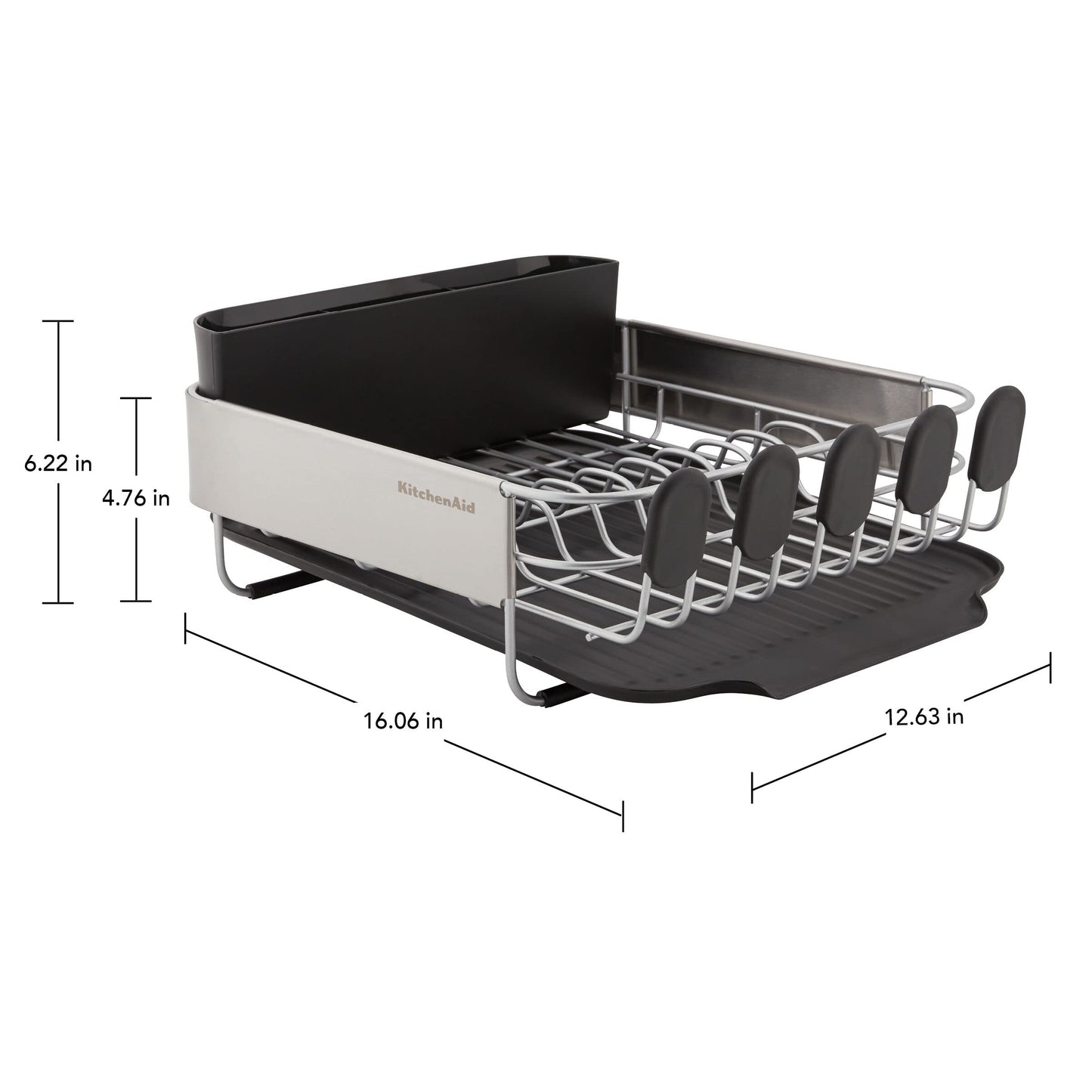 KitchenAid Compact, Space Saving Rust Resistant Dish Rack with Removable Flatware Caddy and Angled Self Draining Drainboard, 16.06-Inch, Black