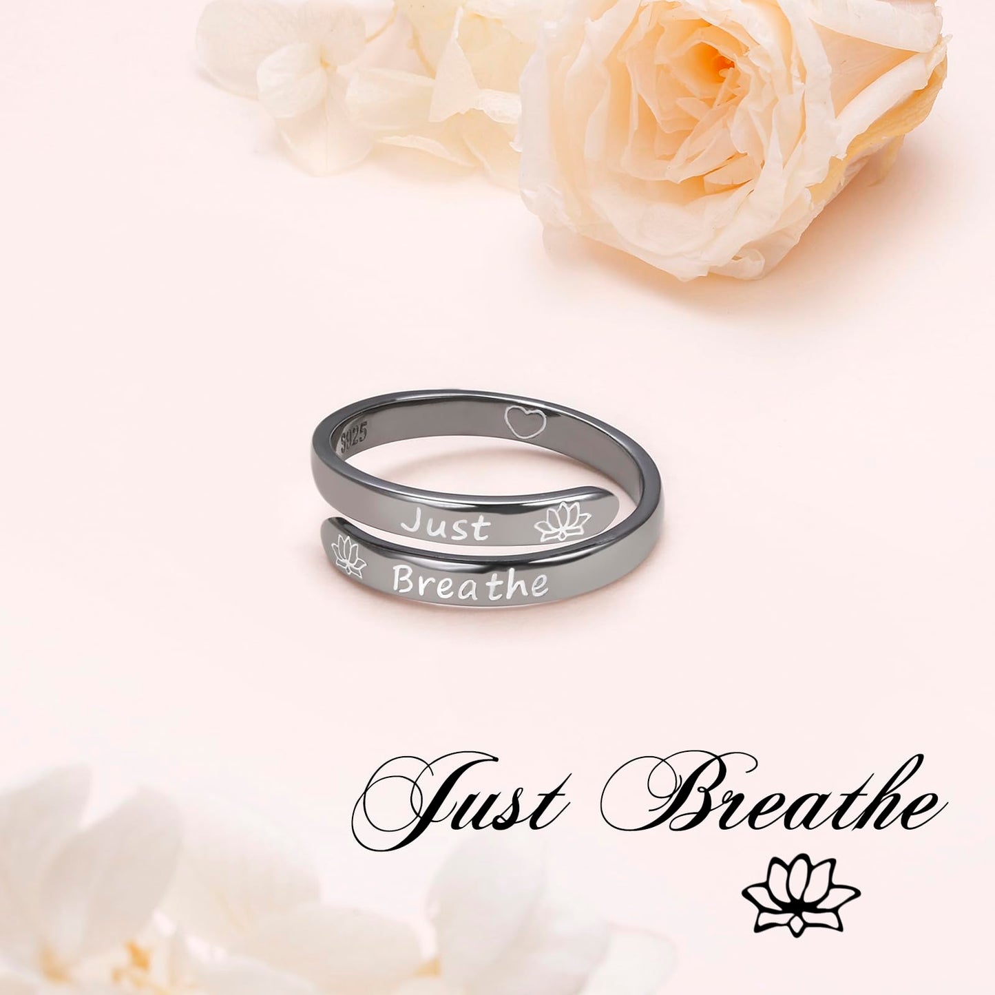 Just Breathe Rings 925 Sterling Silver Yoga Lotus Flower Stacking Wrap Spiral Twist Statement Band Encouragement Hope Ring for Women Men,Black Adjustable Inspirational Ring
