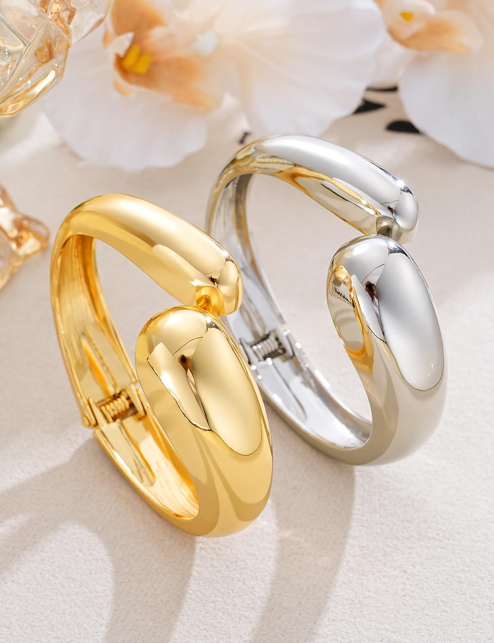 Chunky Gold Bangle Bracelets for Women, Dainty 14k Gold Plated Big Stackable Bangles Set, Trendy Statement Cuff Bracelet Stack Summer Beach Jewelry Gifts (2 Gold & silver bangles)