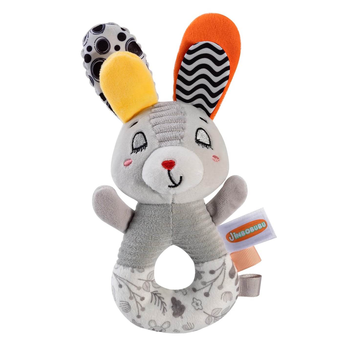 Sensory Shaker Rattle for Babies 0-6 Months, Infant Developmental Toys with High Contrast Patterns, Soft Plush Rabbit & Textured Ring for Auditory Visual Tactile Learning