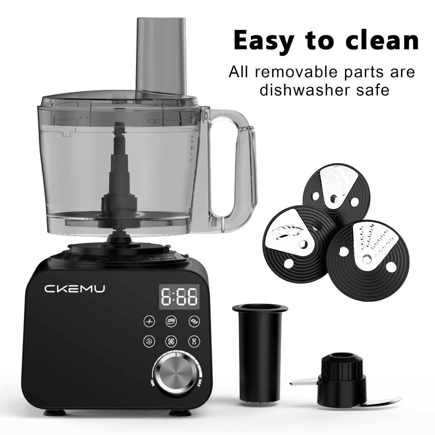 CKEMU Smart Food Processor and Vegetable Chopper, 6 Automatic Functions, BPA Free, Stainless Steel Blades, 12 Cup Bowl, 600-Watt Motor, Black