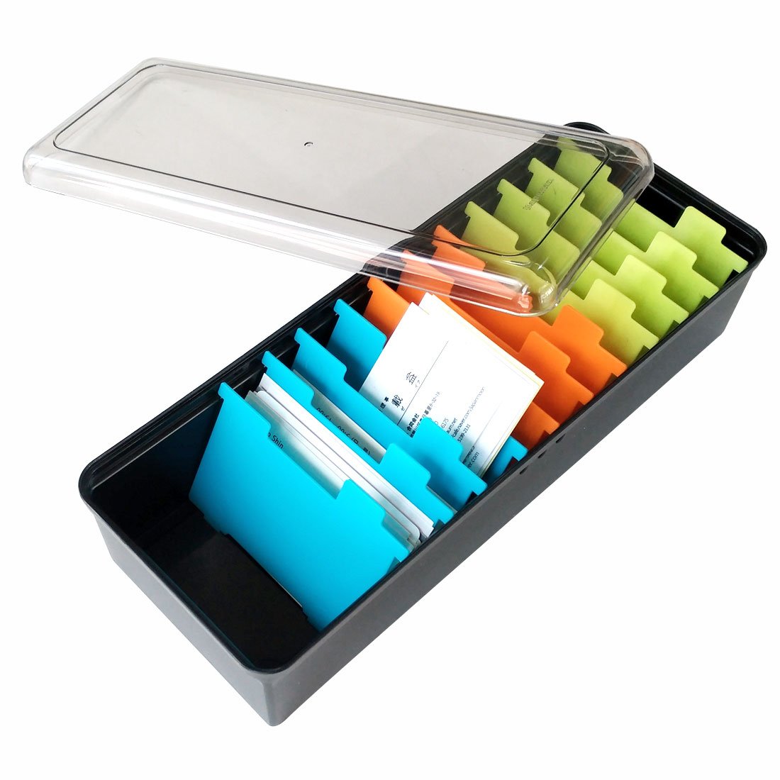 Business Card Organizer: 500 Card Storage Box with 11 Dividers