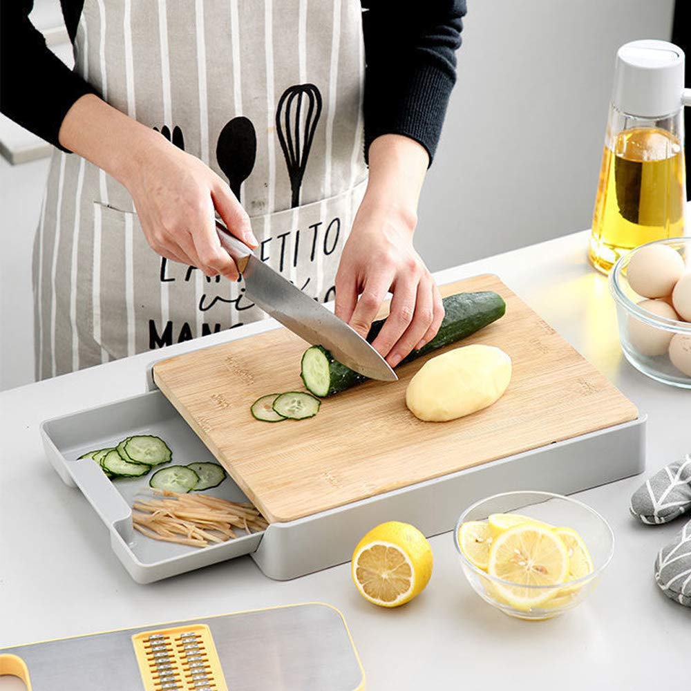 Cutting Board with Base Tray,Kitchen Bamboo Platter Great Gift for Mother’s Day,Multi-Function Pull-Out Cutting Board,Anti-Skid And Hangable