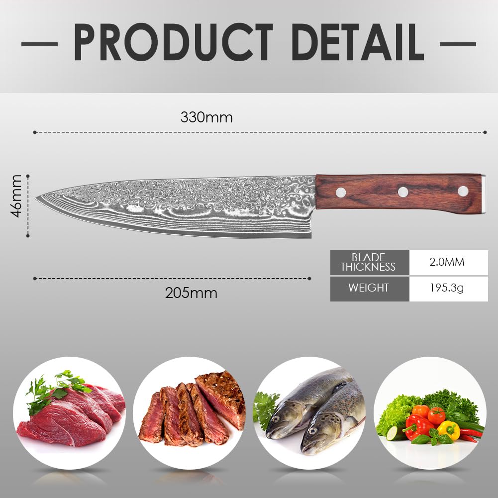 COOKLET'S Chef Knife, 8 Inch Professional VG10 Damascus High Carbon Stainless Steel Ultra Sharp Chef Knife, Vegetable Meat Kitchen Cooking Knife, G10 Ergonomic Color Wooden Handle with Luxury Gift Box
