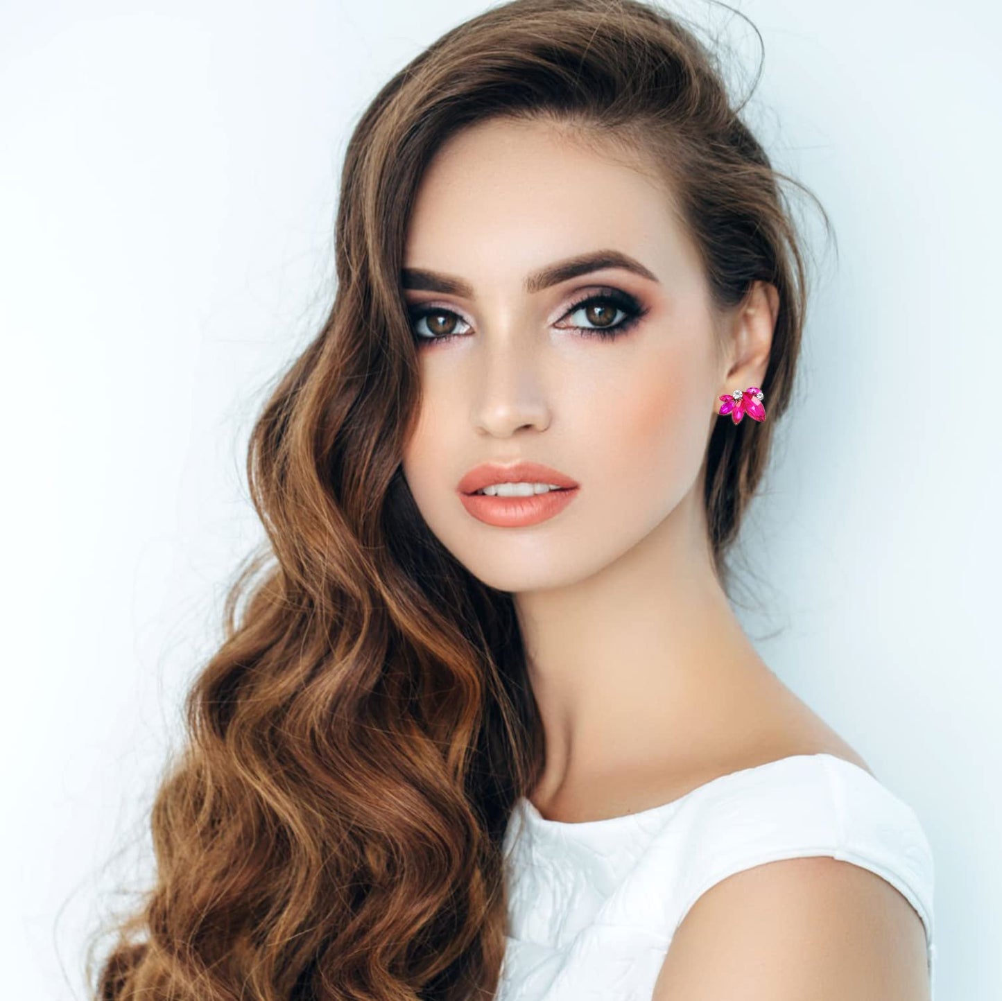 Hot Pink Rhinestone Earring Sparkly Fuchsia Faux Crystal Stud Earrings for Women Wedding Prom Party