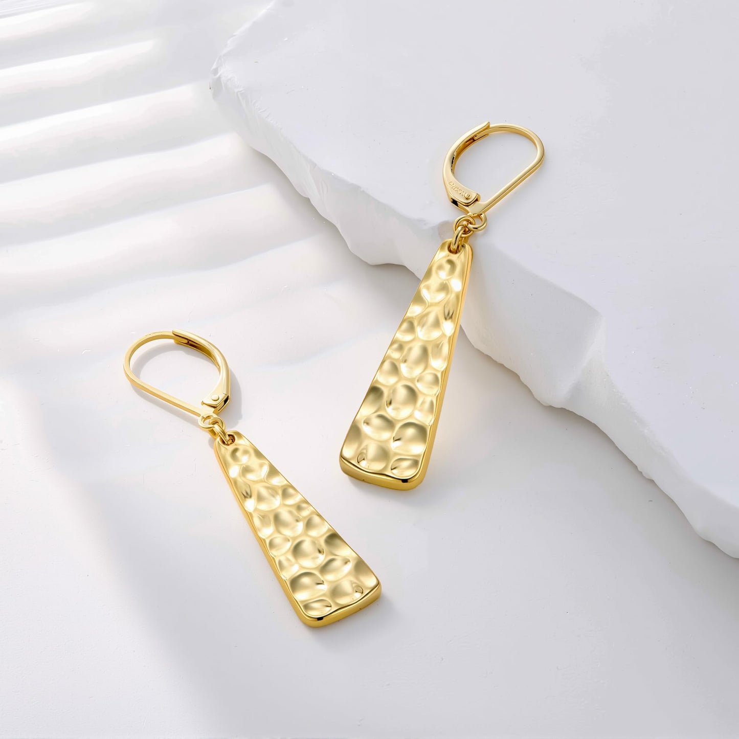 Gold Leverback Earrings, ALEXCRAFT 14K Gold Long Bar Hammered Dangle Earrings for Women Trendy Hypoallergenic 925 Sterling Silver Lightweight Statement Boho Dangling Drop Leverback Teardrop Earring
