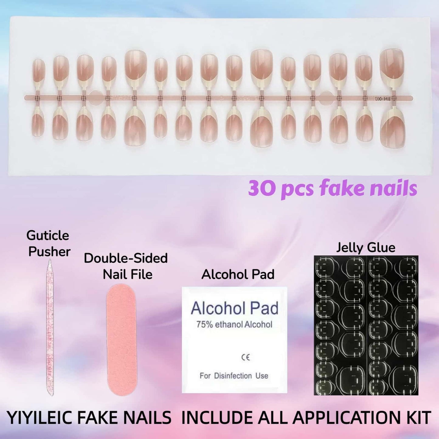 Medium Almond Press On Nails French Nude Pink Cat Eye Fake Nails Finger Tip with White Designs Glossy Full Cover Glue on Nails Reusable Artificial Stick on Nails for Women 30 Pcs