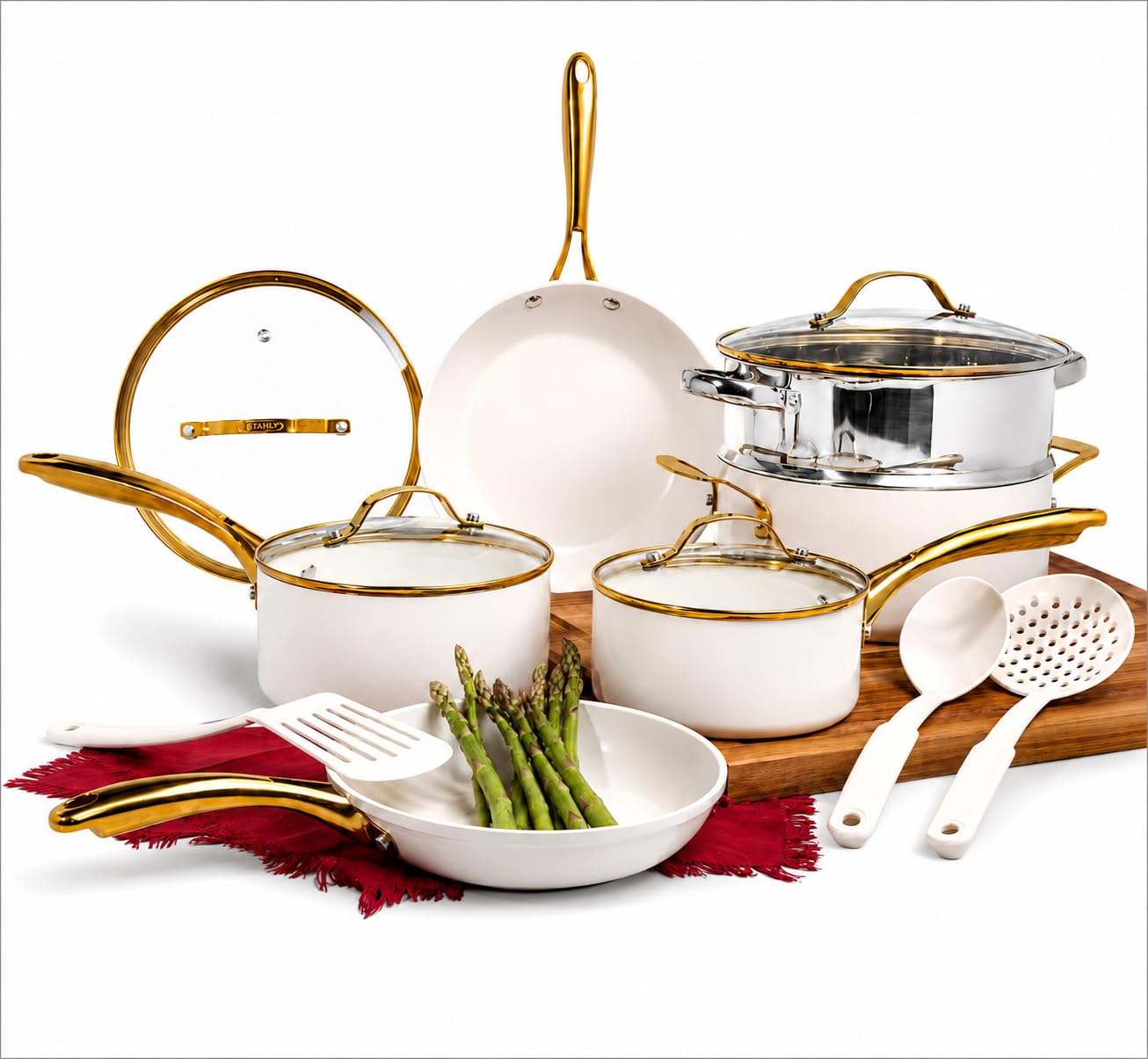 Gotham Steel 15 Pc Ceramic Cookware Set, Ceramic Pots and Pans Set Non Stick with Cooking Utensils and Steamer, Non Toxic PFOA PFOS Free, Premium Gold Stay Cool Handles, Oven & Dishwasher Safe