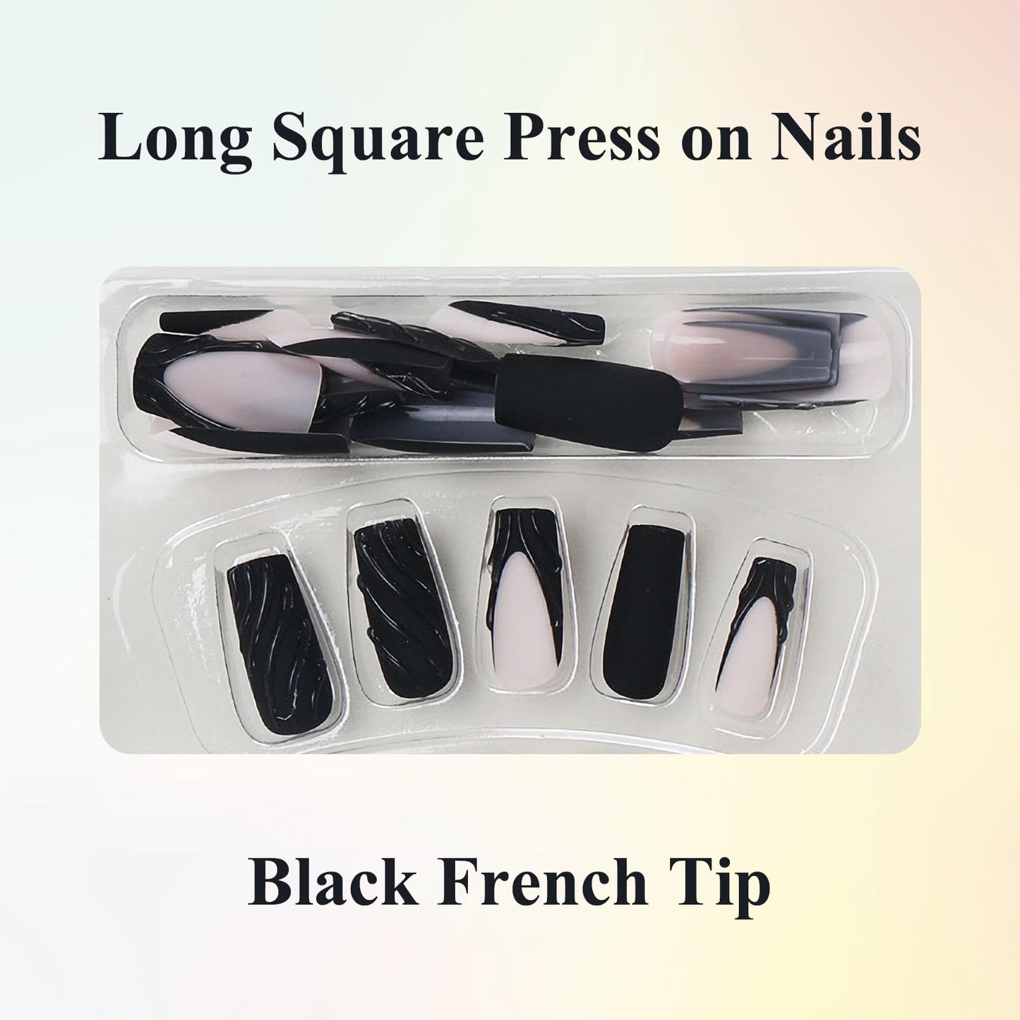 MISUD Press on Nails - Long Square Glue on Nails with Matte Black French Tip, Acrylic Handmade 3D Gel Design 24 pcs