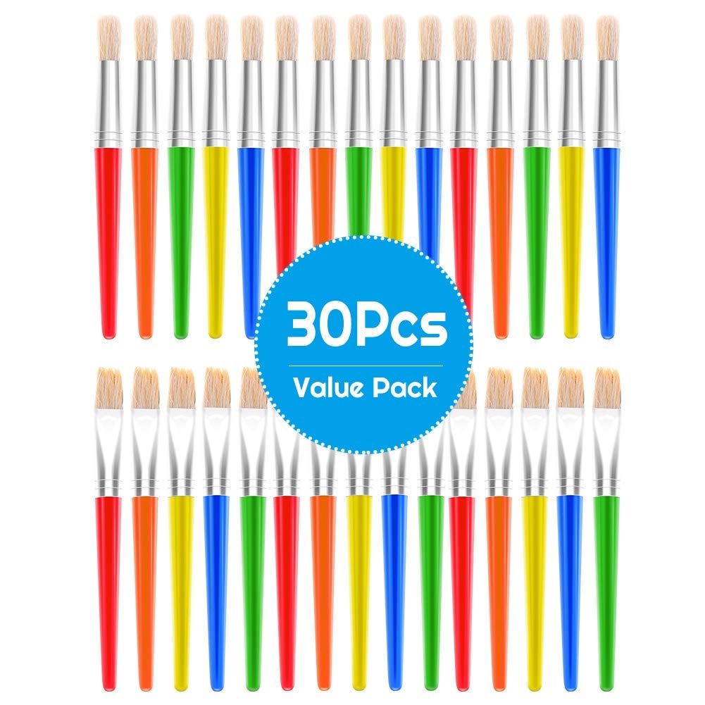 Anezus 30 Kids Paint Brushes Set with Jumbo Round Watercolor and Large Flat Craft Brushes