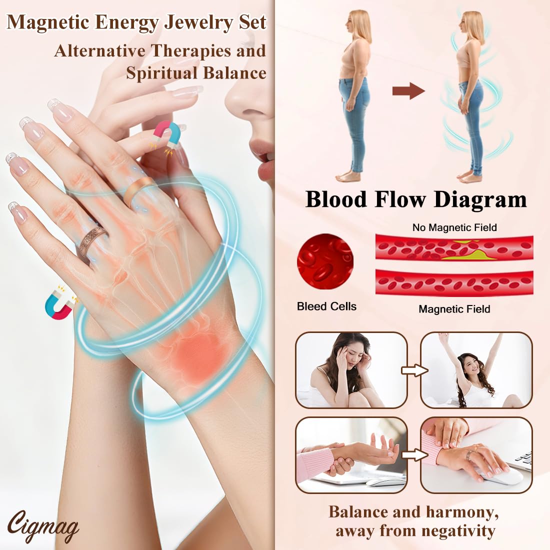Cigmag 9X Copper Rings for Women, with Powerful Magnets, Adjustable Solid Pure Copper (Matte & Plum)