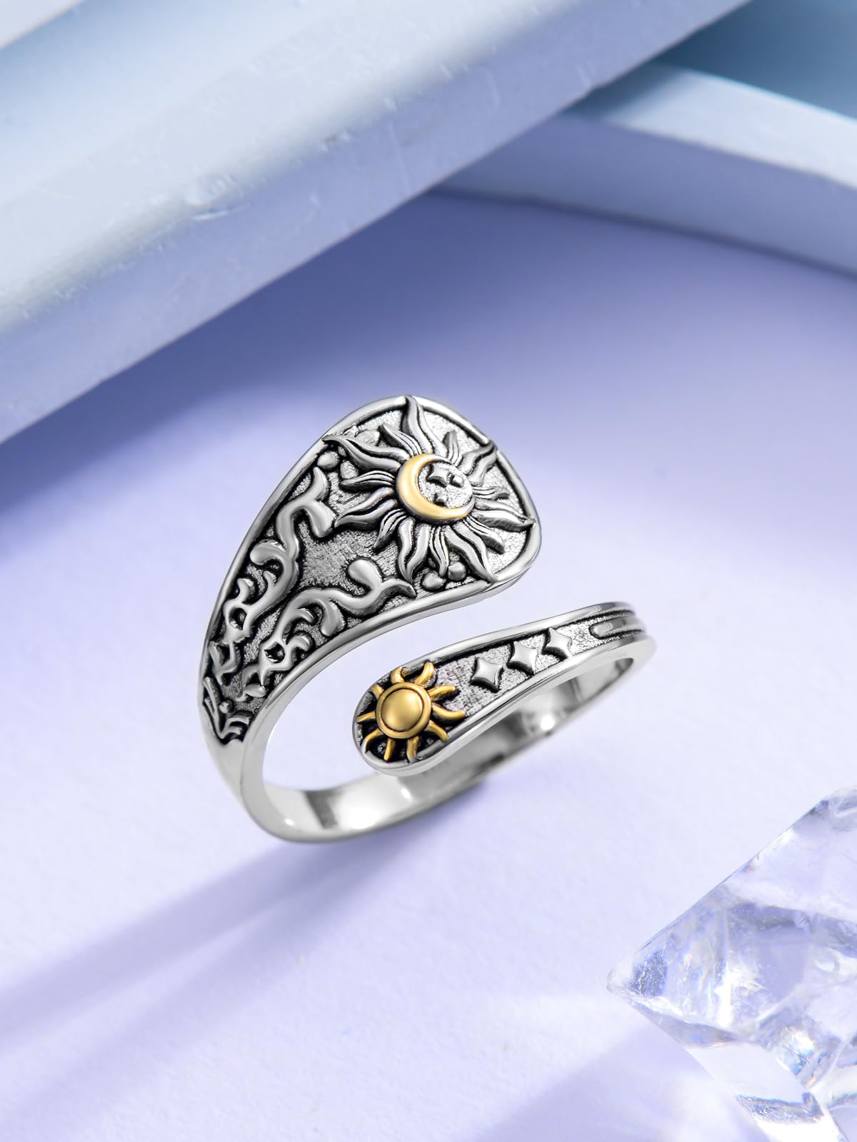 Midari Sun and Moon Stars Spoon Rings Sterling Silver Sun and Moon Ring for Women Adjustable Thumb Rings Vintage Finger Open Spoon Rings for Women Daughters(Customization)