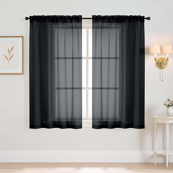 Halloween Black Window Sheer Curtains 45 Inches Length, Voile Short Curtains for Living Room Bedroom, Modern Soft Window Drapes 2 Panels, Top Dual Rod Pocket Design, 2x42Wx45L Inches