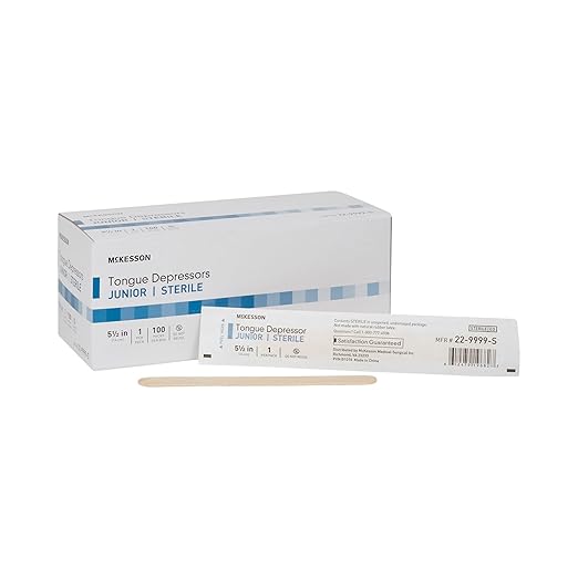 McKesson Tongue Depressors [100 Count] Junior Size, Sterile, Individually Wrapped, Wood, Unflavored, Splinter-Free, 5.5 in – Use for Medical, Arts, Crafts, Spa