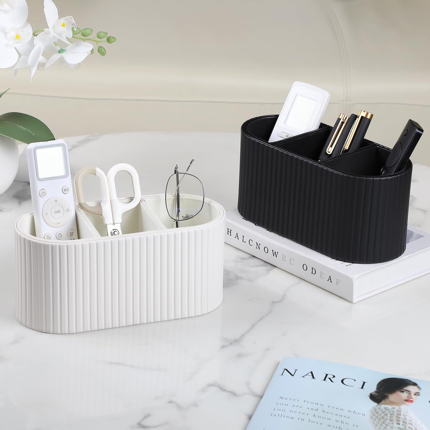 MEIBOOCH Oval Pen Holder for Desk, Remote Control Holder with 3 Compartments, PU Leather Small Desk Organizer Remote Caddy, Aesthetic Pencil Holder Desk Accessories for Home Office (Ivory)