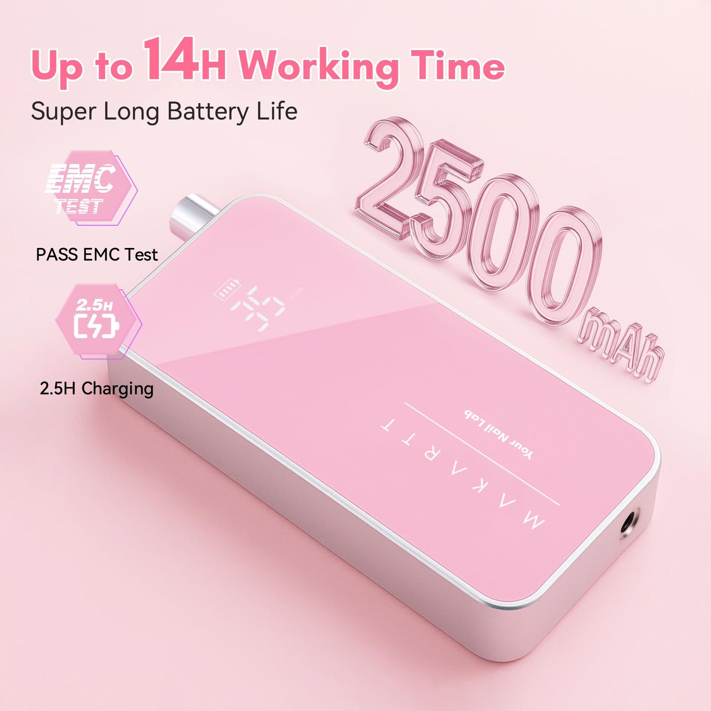 Makartt Nail Drill Professional, 35,000RPM Rechargeable Electric Nail File for Acrylic & Gel Removal, 60W Brushless Motor, 2-in-1 Desktop & Portable, LCD Display, for Home & Salon Use, Nouvella Pink