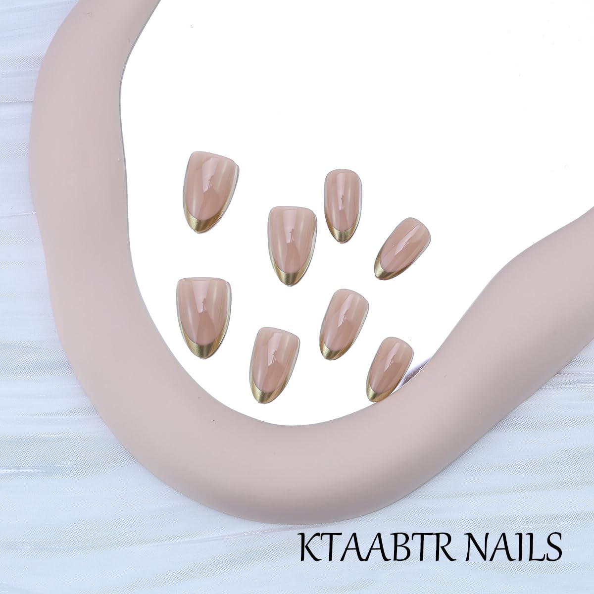 Gold French Tip Press on Nails Medium Oval Shape Pink Almond Fake Nails with Glue Full Cover Glossy False Nails for Women DIY Manicure Decoration 24PCS Reusable Acrylic Nails