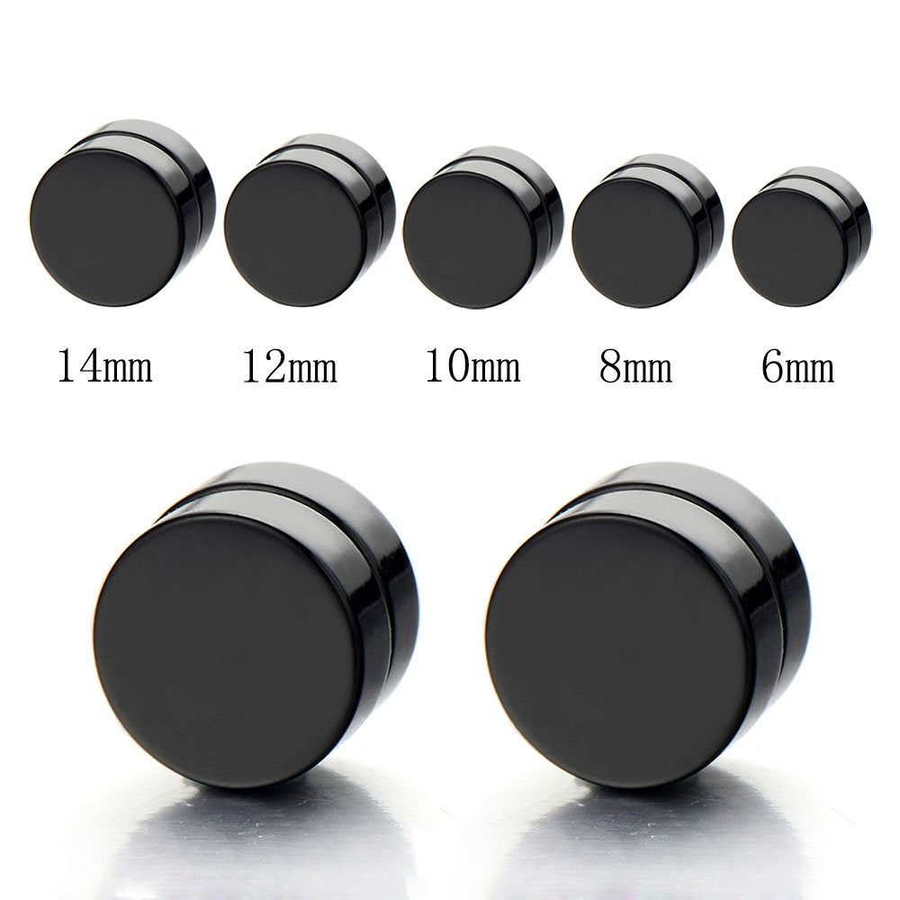 COOLSTEELANDBEYOND Unisex Magnetic Black Stud Earrings, 6mm Round Stainless Steel Non-Piercing Studs, 1 Pair