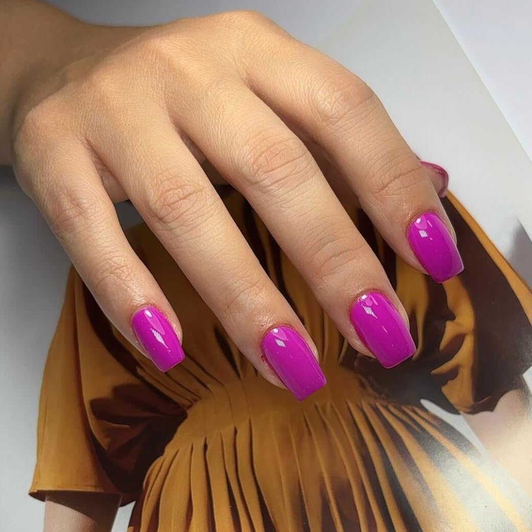 KQueenest Glossy Berry Purple Press on Nails Short Medium Square Glue on Nails Set Solid Color Fake Nails Short Coffin Acrylic Nails Press on Gel Nails for Women DIY Manicure in 24 Pcs