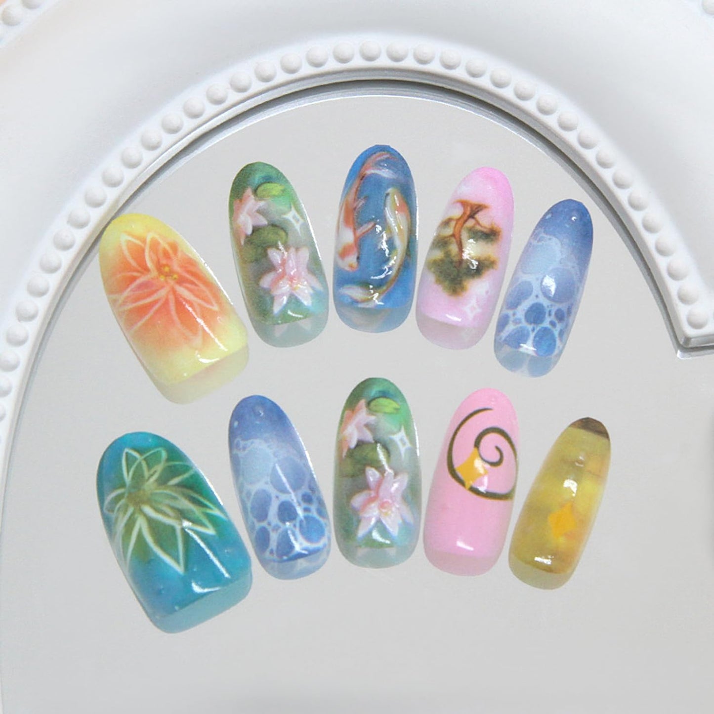 30Pcs Lotus Flower Press on Nails Medium Almond Fake Nails with 3D Koi Fish Lotus Leaf Design Star False Nails Natural Floral Glue on Nail Glossy Full Cover Spring Summer Artificial Nails for Women