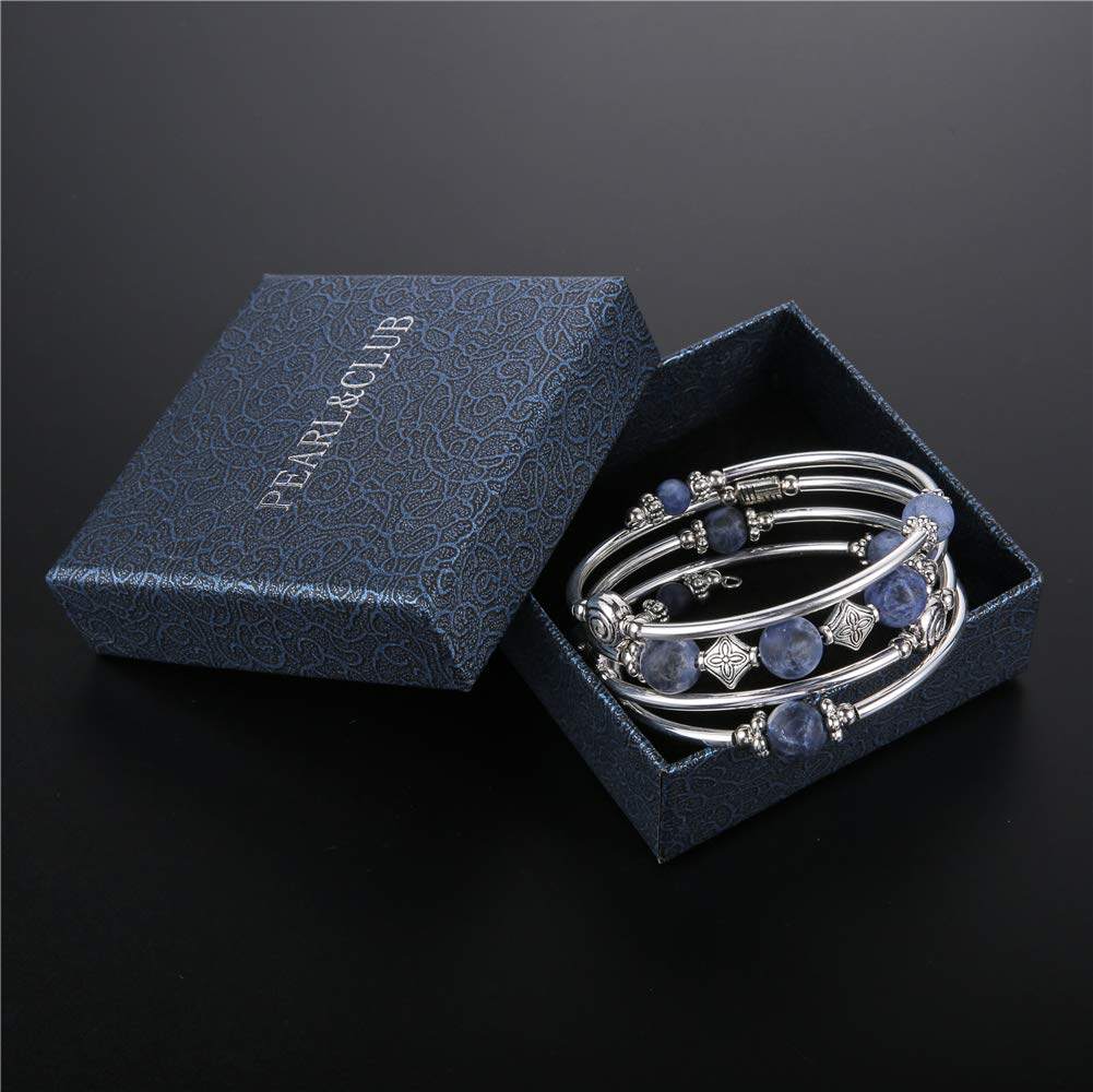 Beaded Pearl Bangle Wrap Bracelet - Fashion Bohemian Jewelry Multilayer Charm Bracelet with Thick Silver Metal Beads, Gift For Women(Navy Blue)
