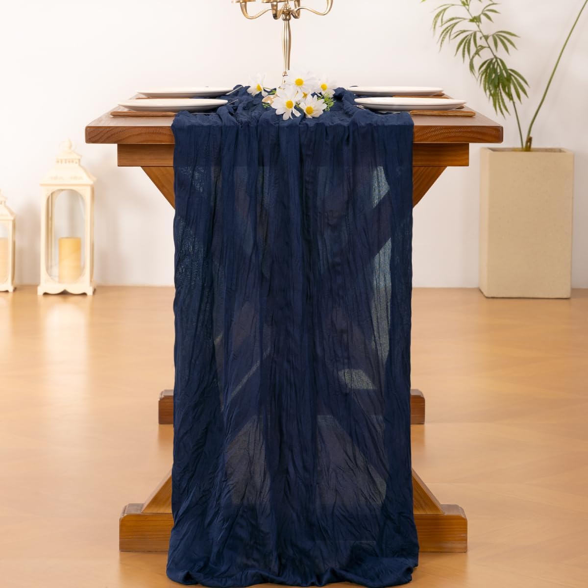 Socomi Navy Blue Fall Thanksgiving Cheesecloth Table Runner Boho Rustic Gauze 120 inch 10FT Cheese Cloth Runner for Wedding Party Baby Shower Birthday Home Decor Holiday Decorations