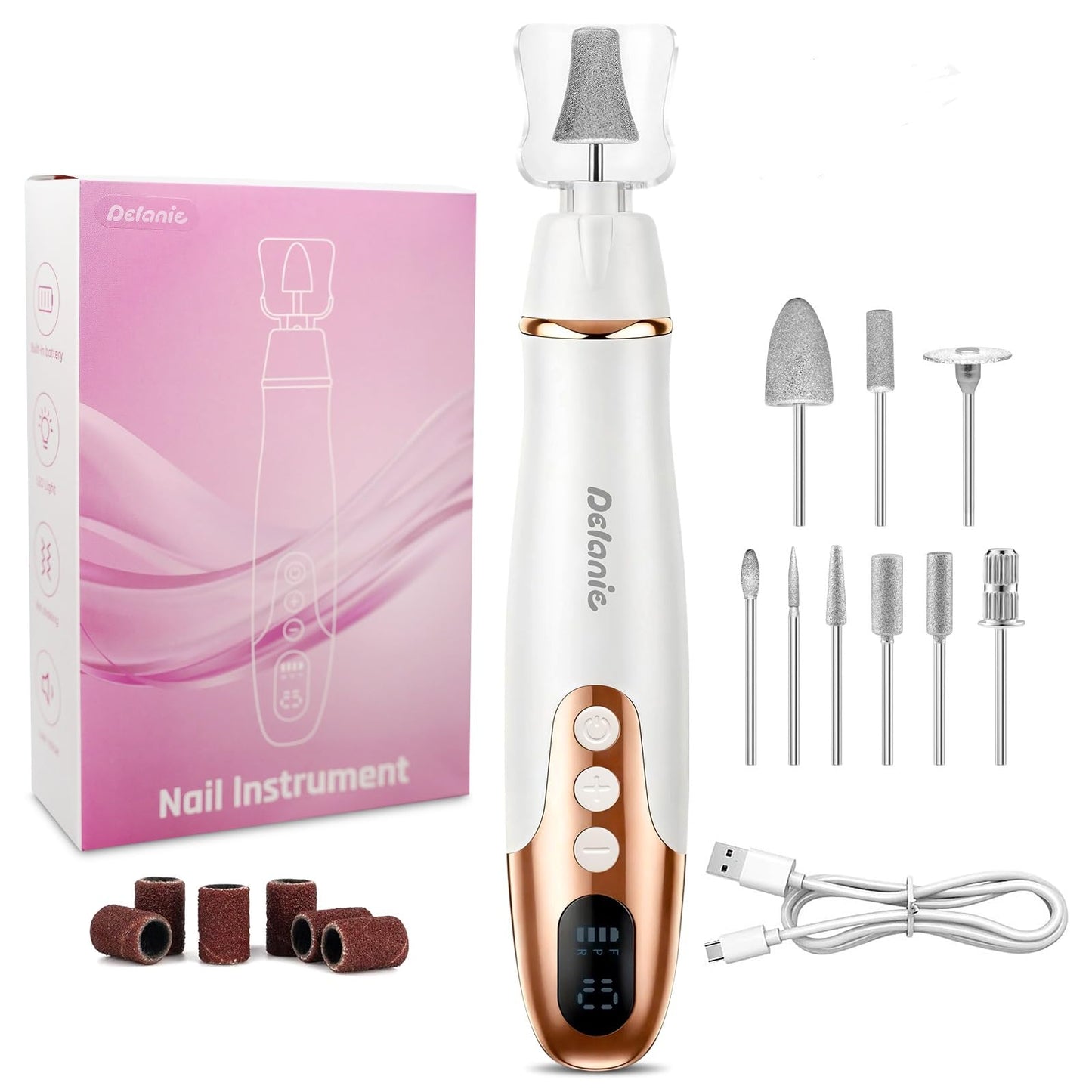 Delanie Electric Nail File for Thick Toe Nails, Cordless Nail Drill Efile, Portable Manicure Pedicure Kit for Nails Acrylic, 10 Speeds Pedicure Tools for Feet Callus Remover