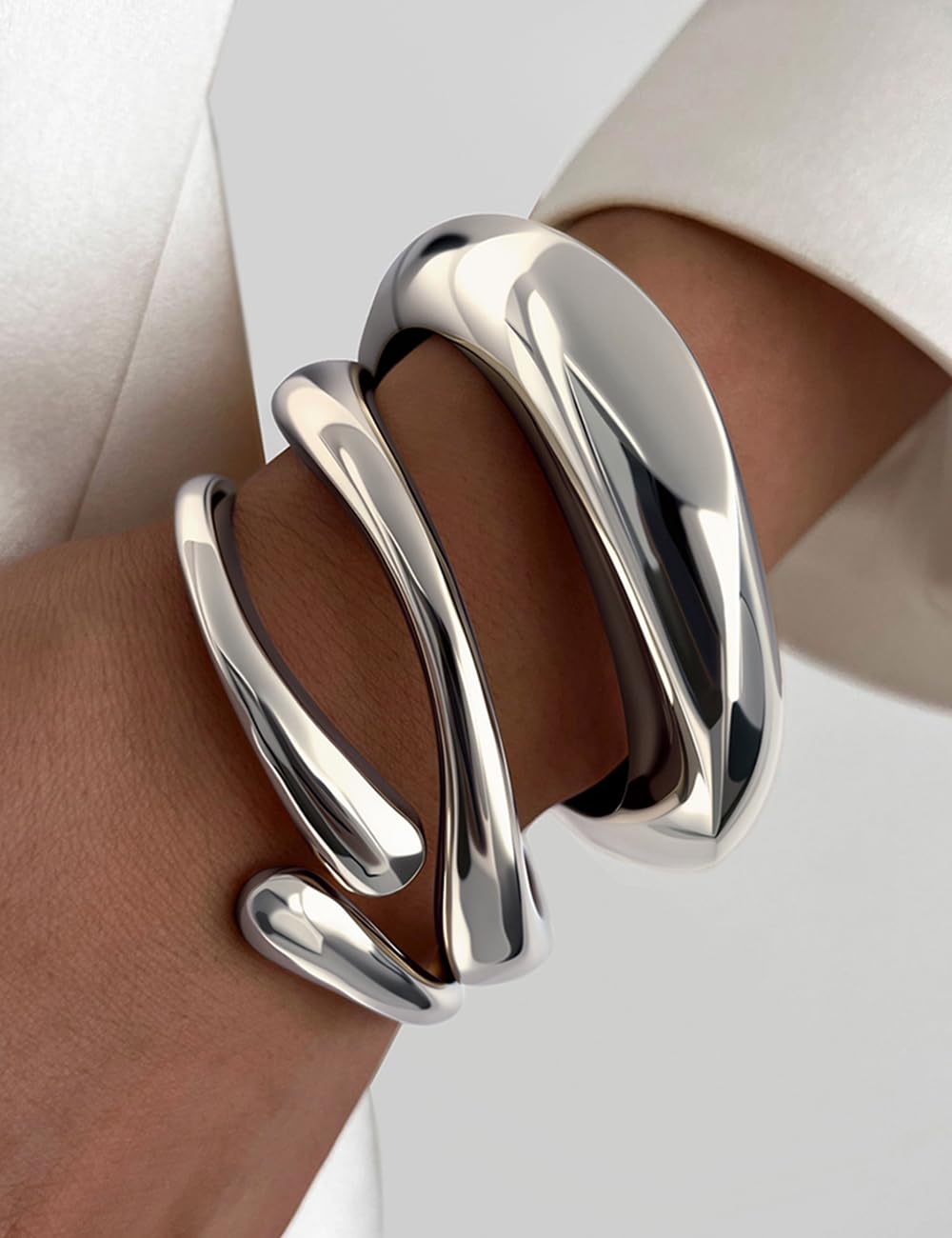 Chunky Silver Bangle Bracelets for Women, Dainty 14k Silver Plated Big Statement Bangles Set, Trendy Cuff Bracelet Stack Fashion Gift Ideas
