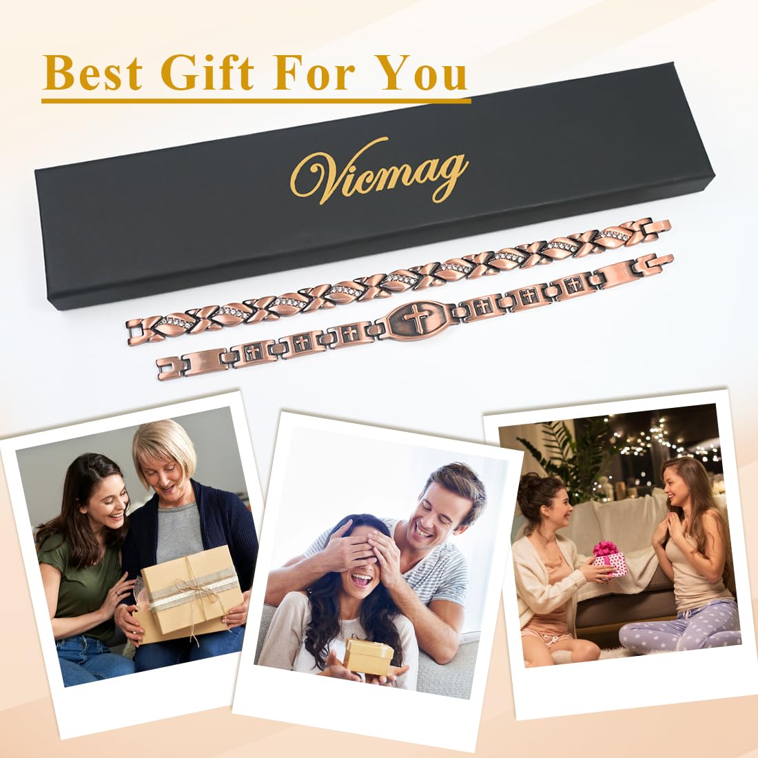 Vicmag 2PCS Copper Magnetic Bracelets for Women 100% Solid Pure Copper Bracelets with Gift Box & Adjust Tool