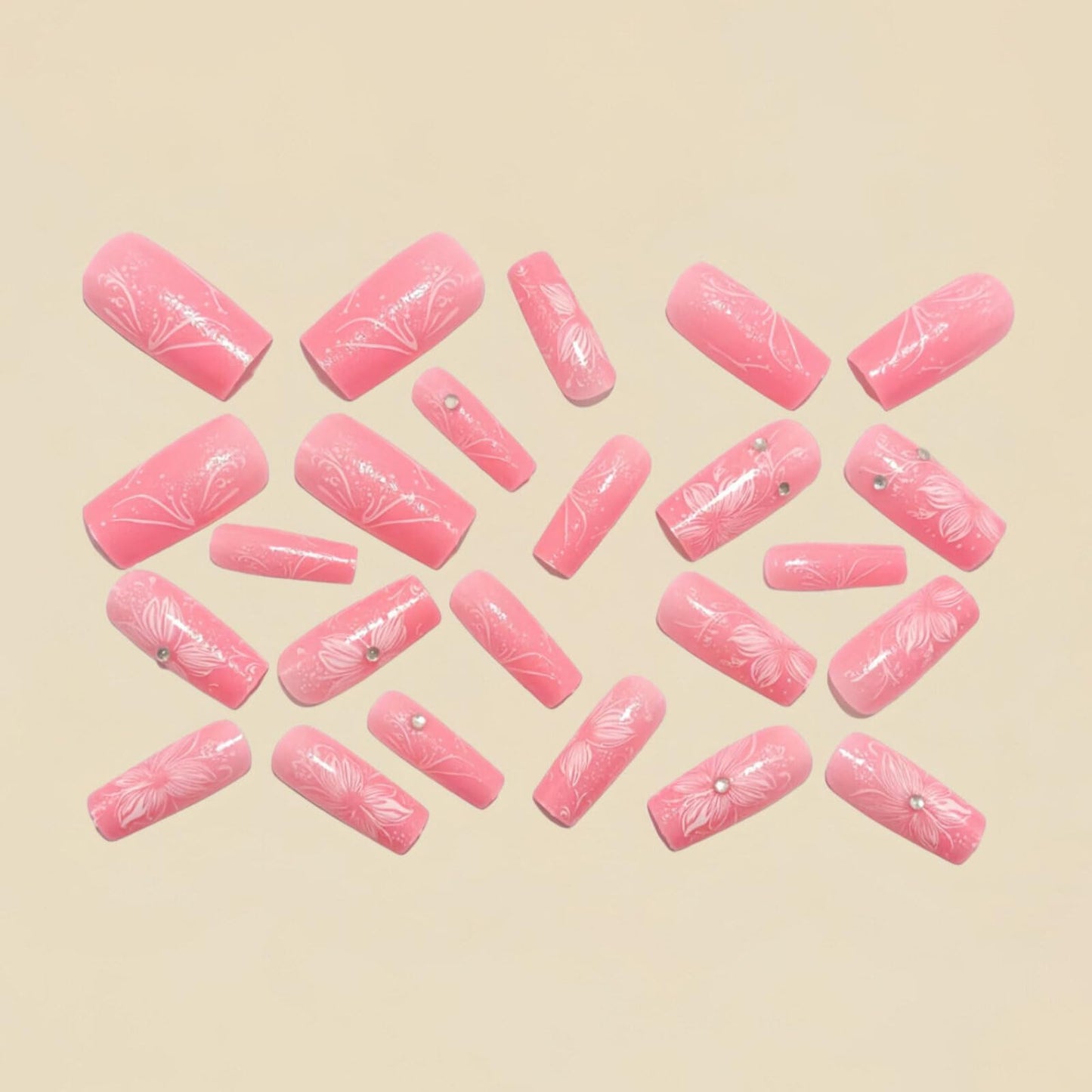 Medium Square Nails Pink Base White Floral Patterns White Naked Diamond Small Decorations Glossy Surface False Nails Designs Fashion Style Manicure Artificial Nails Spring Vibe 24 Pcs