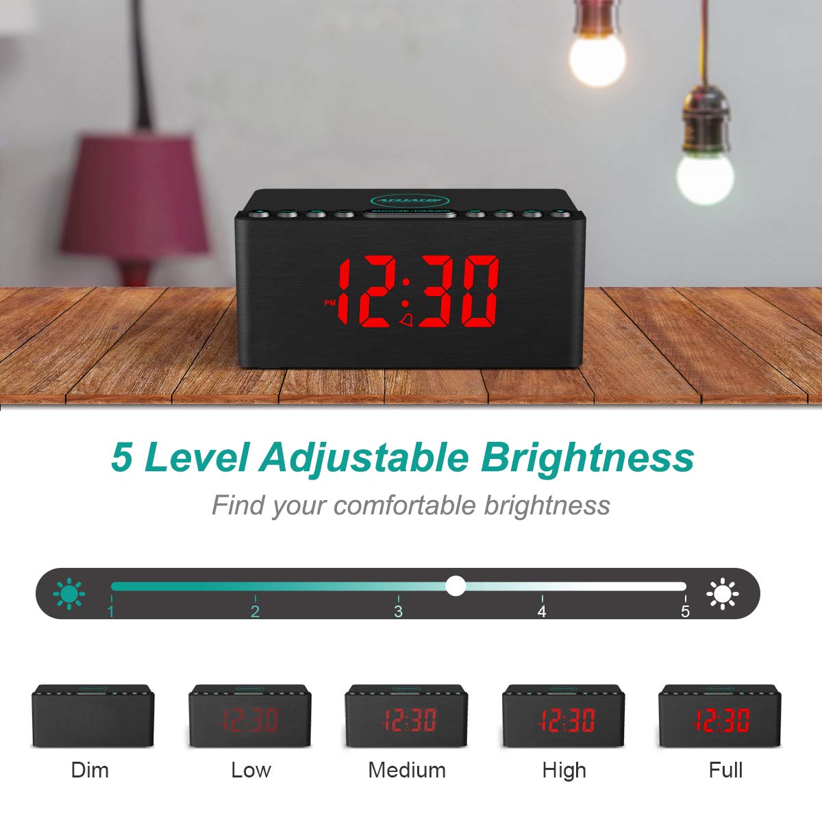 ANJANK Wooden Digital Alarm Clock FM Radio,Qi Certified Fast Wireless Charger Station for iPhone/Samsung,Dimmable LED Display,USB Charging Port,Sleep Timer,Wood Modern Clock for Bedroom Bedside(Black)