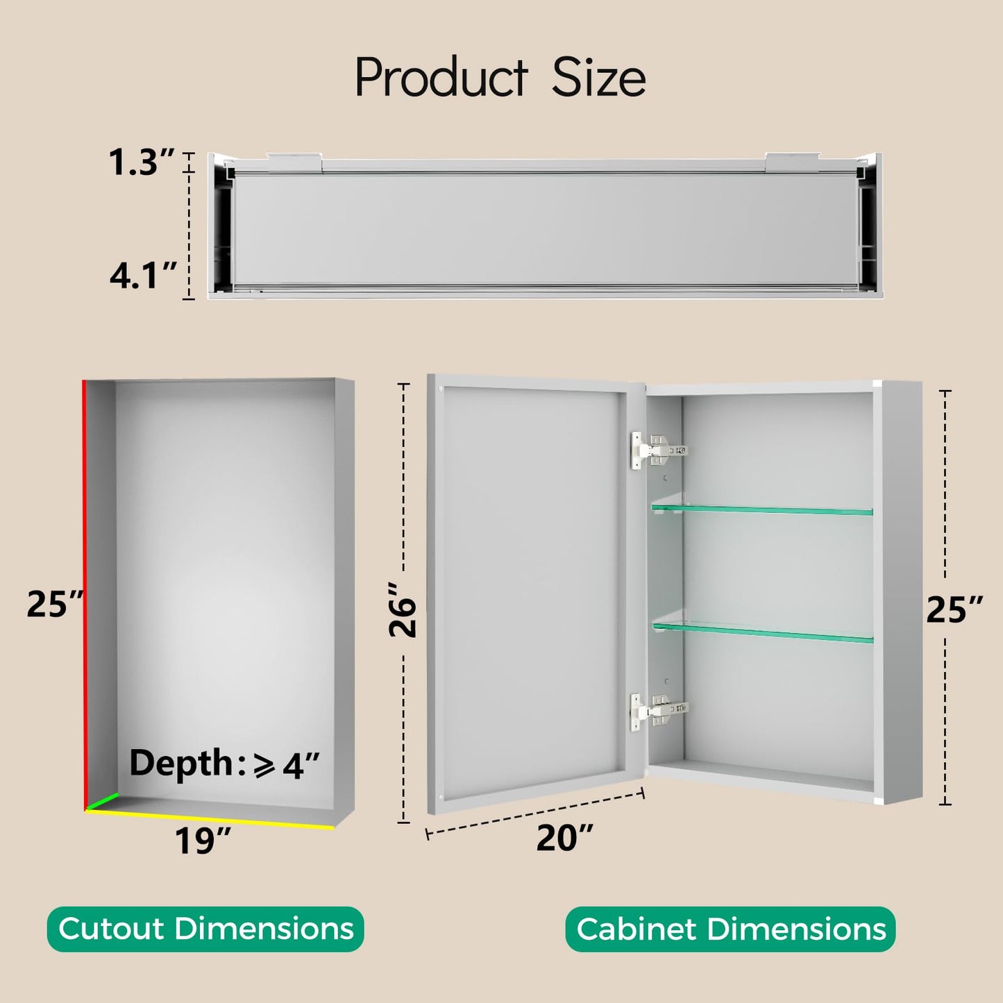 BROBIG 20 x 26 Medicine Cabinet Mirror, Moisture-Proof Aluminum Bathroom Medicine Cabinet with Mirror, Bathroom Mirror Cabinet with Adjustable Shelves, DTC Hinges, Recessed/Surface-Mounted