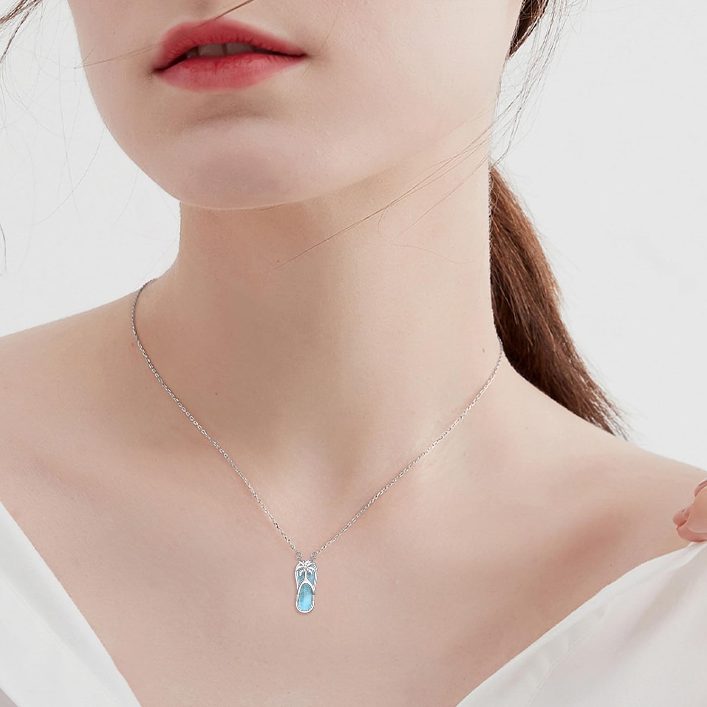 CRMAD Slippers Larimar Beach Necklace Sterling Silver Tree Ocean Jewelry for Women(Slippers)