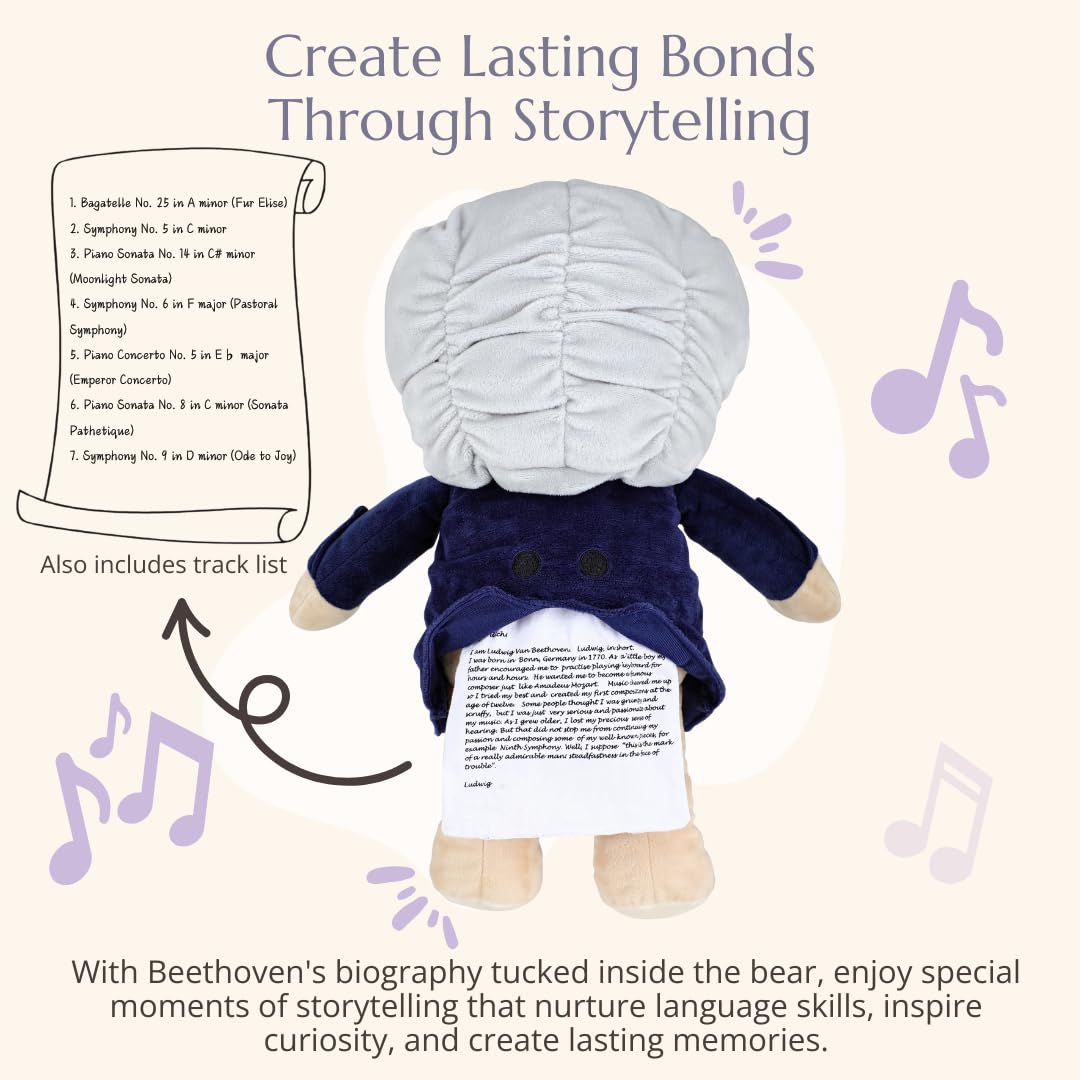 Vosego Ludwig Van Beethoven Virtuoso Bear – Plays 40 Mins of Classical Music, Educational & Soothing Musical Teddy Bear for Babies & Toddlers, Ideal