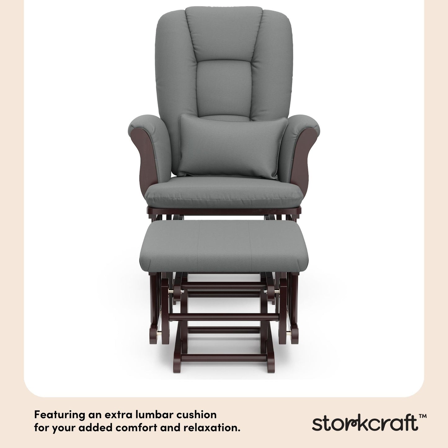 Storkcraft Tuscany Custom Glider and Ottoman with Free Lumbar Pillow (Espresso/Grey) - Cleanable Upholstered Comfort Rocking Nursery Chair with Ottoman