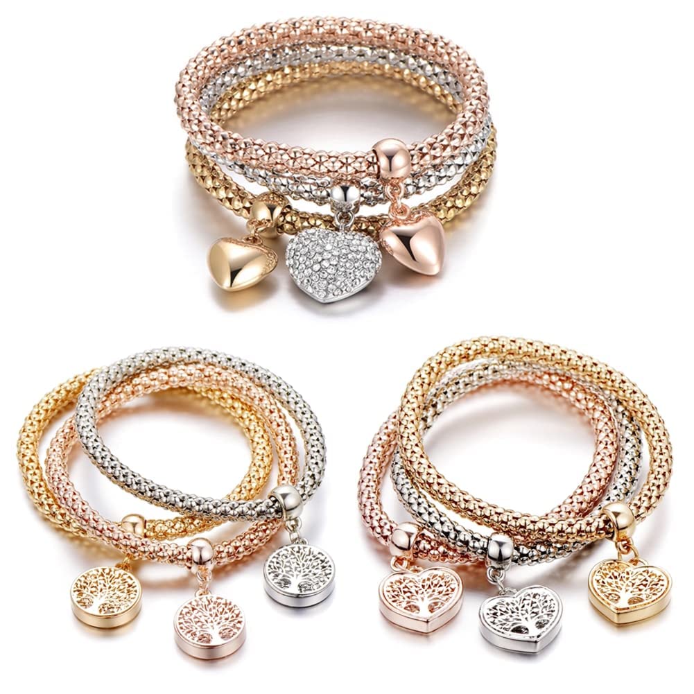 SILANER Crystal Charms Multilayer Bracelets - 3PCS Gold/Silver/Rose Gold Corn Chain Bracelet for Women, Tree of Life Heart Shaped Stretch Bracelet (12 PCS)