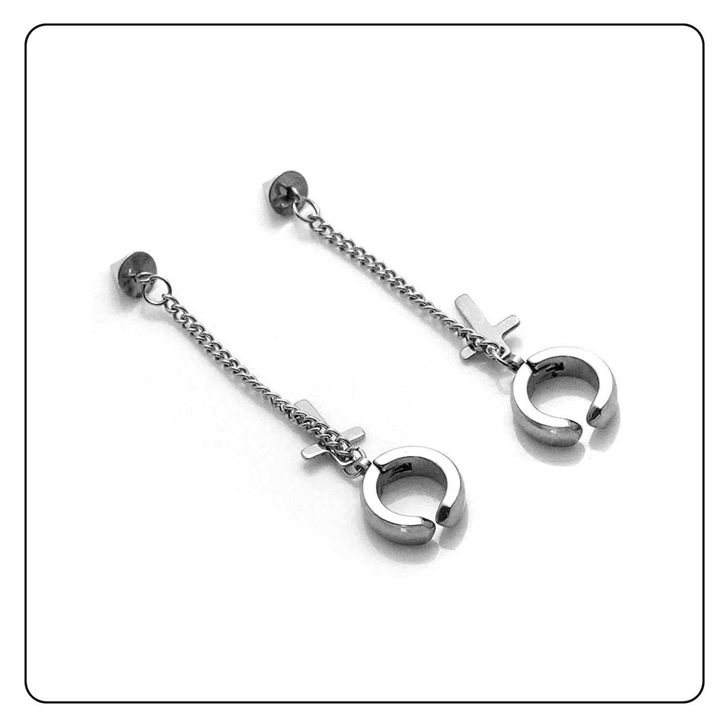 Fusamk Punk Rock Stainless Steel Cross Ear Clip Earrings Long Chain Drop Dangle Earrings(Silver)