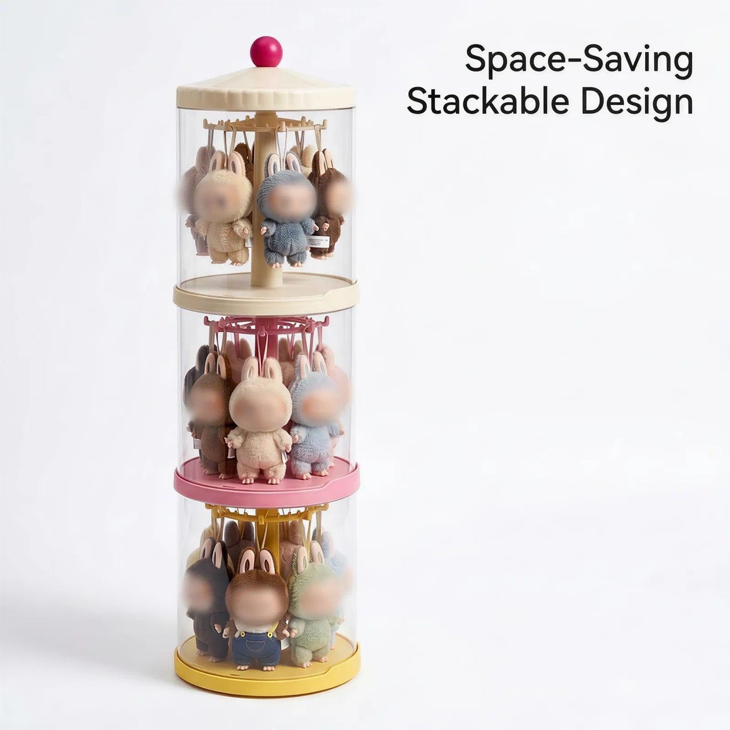 iobiotio Rotating Display Case Compatible with Labubu, Stackable Clear Blind Box Storage Organizer for 6.7" Doll, Dustproof Figure Showcase for Plush Keychain, Hanging Doll Holder for Desktop Decor