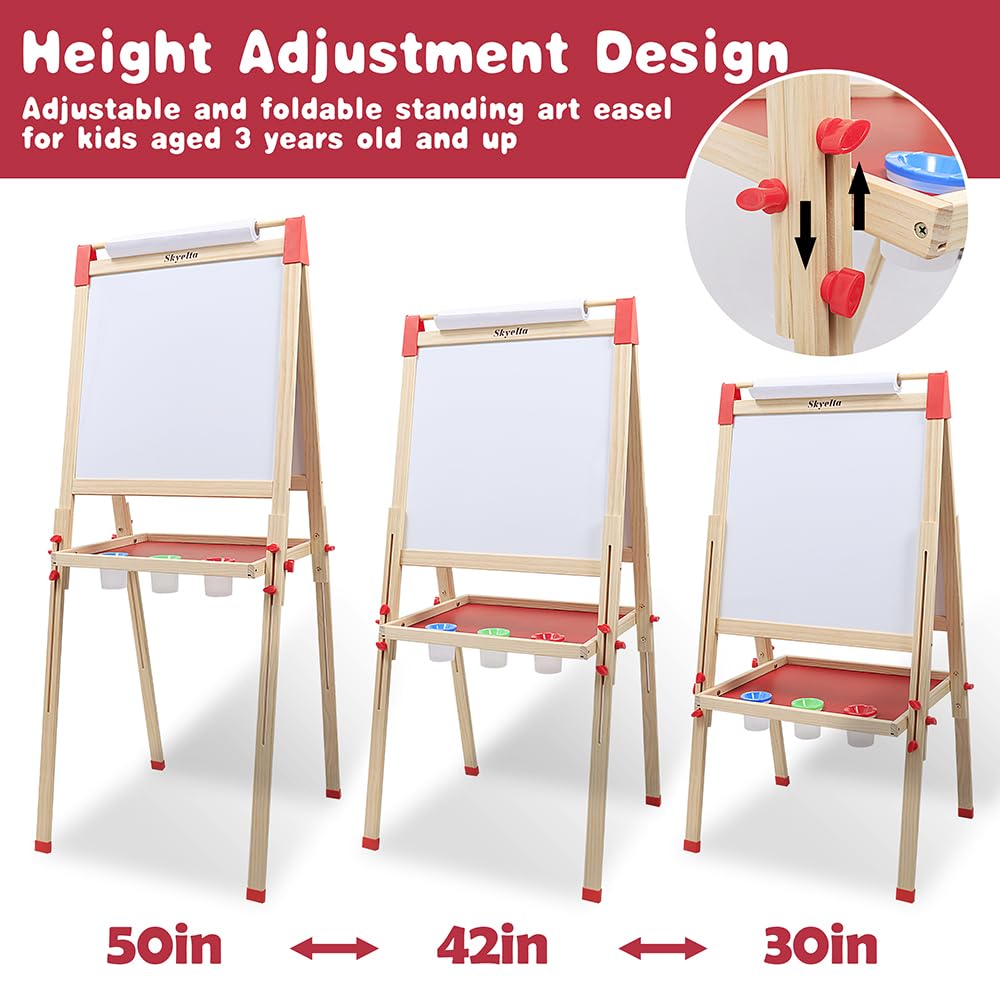 Skyelta Art Easel for Kid,Double-Sided Kids Art Easel with Magnetic Chalkboard & Whiteboard,Adjustable Height for Ages 4-12,Wooden Drawing Board with 100+ Accessories,Art Supplies & Gift