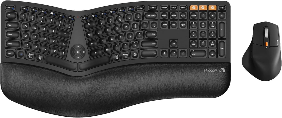 ProtoArc Ergonomic Wireless Keyboard Mouse, EKM01 Plus Full Size Ergo Bluetooth Keyboard Mouse Combo, Split Design, Wrist Rest, Multi-Device, Rechargeable, for Windows/Mac OS - Black