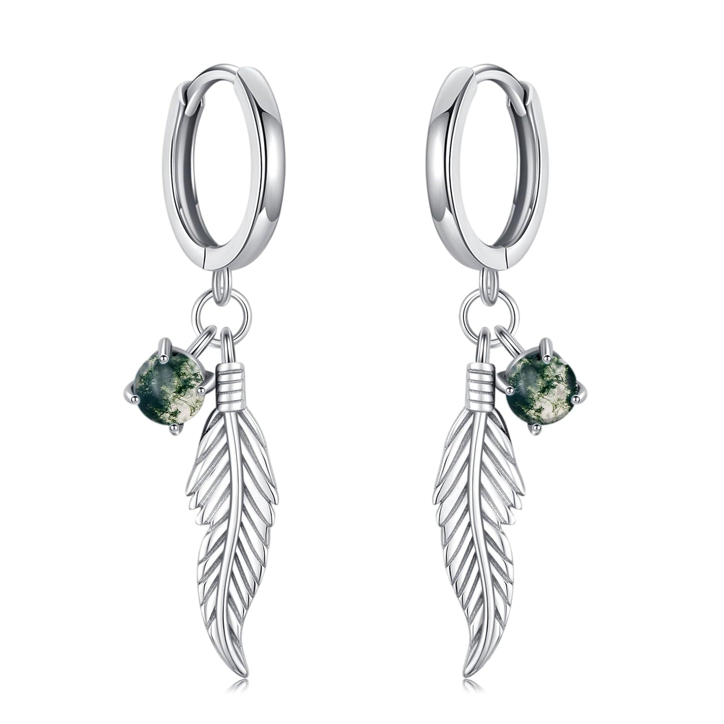 Feather Moss Agate Earrings 925 Sterling Silver Moss Agate Dangle Drop Earrings Feather Jewelry Bohemian Gifts for Women
