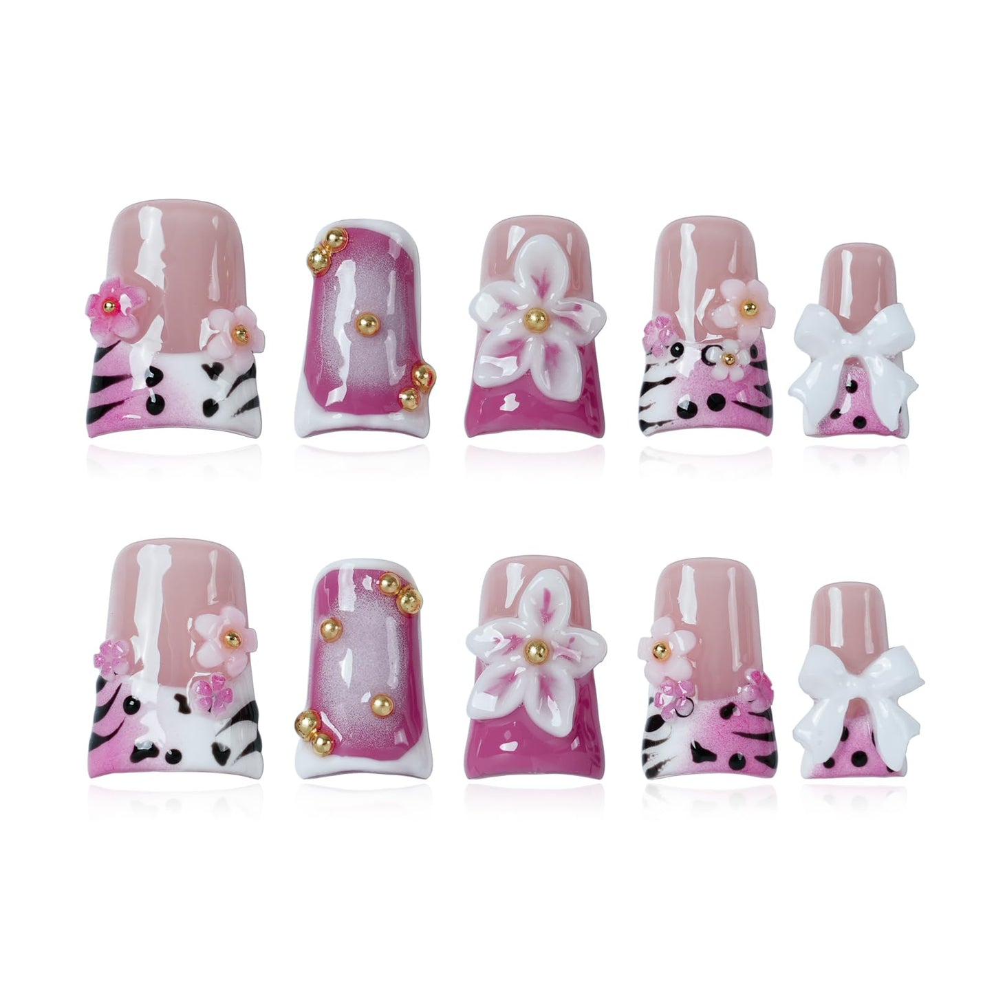 Tesytto Duck Thick Press on Nails Handmade 3D Fake Nails for Nail Art (Blush Leopard Haze, M)