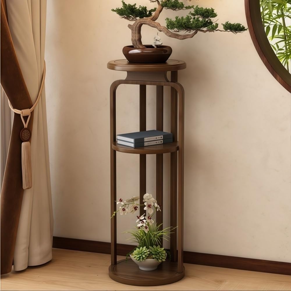3-Tier Indoor Tall Plant Stand Wooden Round Flower Pot Rack with Thickened Base Mid-Century Modern Decor for Balcony All occasion