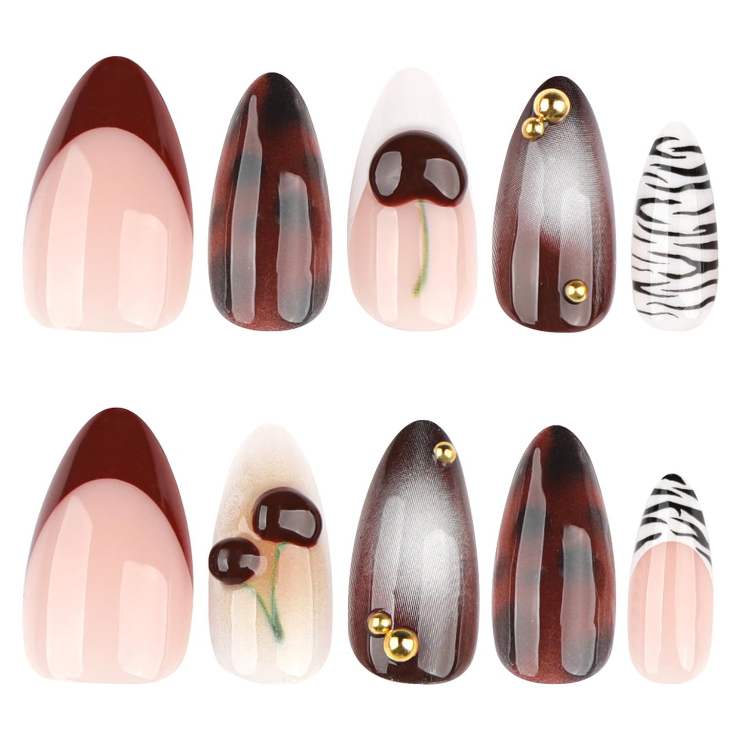 Brown Press On Nails Almond Shape, Glossy Red Gradient with Cherry, Leopard Print & Gold Studs, Luxury Handmade Look Full Cover False Nails for Women, Reusable, 24PCS