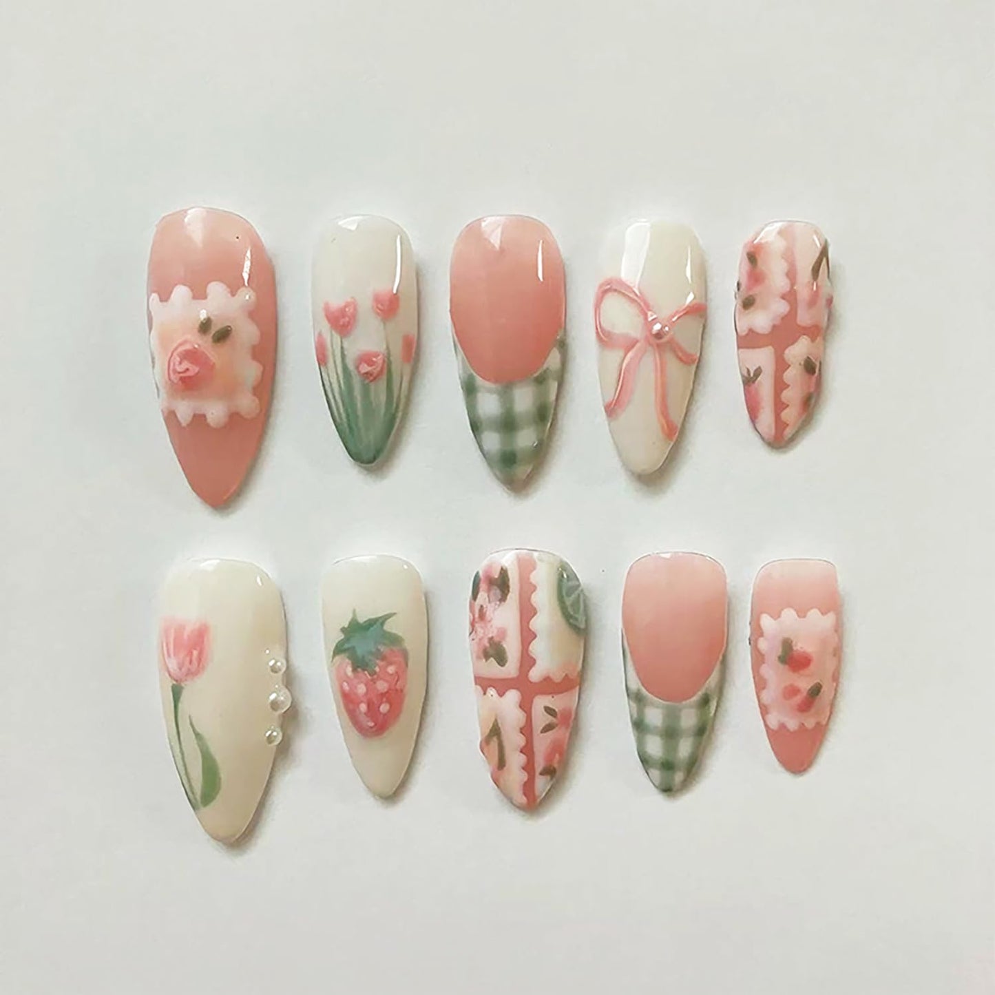 30Pcs Spring Press on Nails Medium Almond Fake Nails with Small Flower Strawberry Full Cover Cute Glue on Nails Green French Tip False Nails Bow Acrylic Nails Pink Artificial Stick on Nails for Women