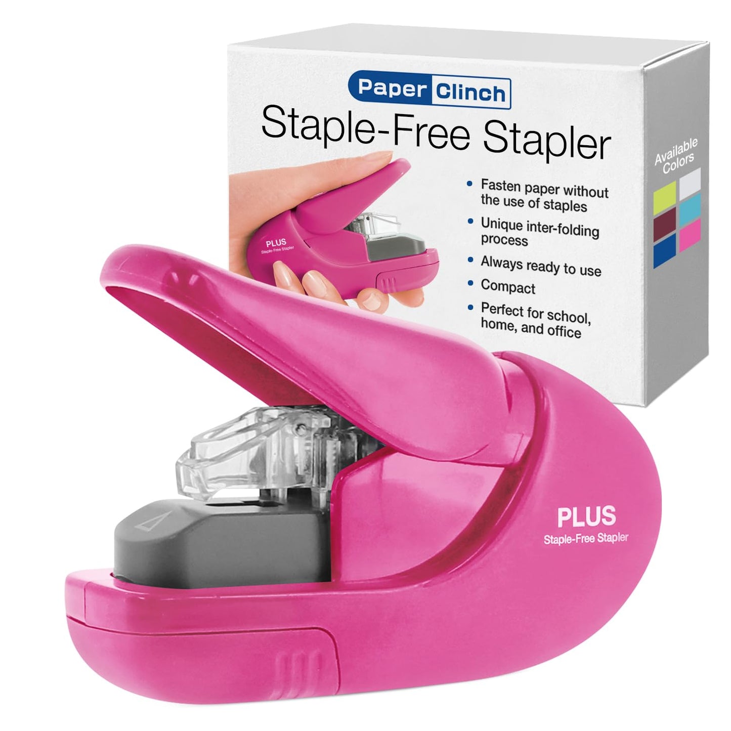 Plus Paper Clinch Staple-Free Stapler, Pink