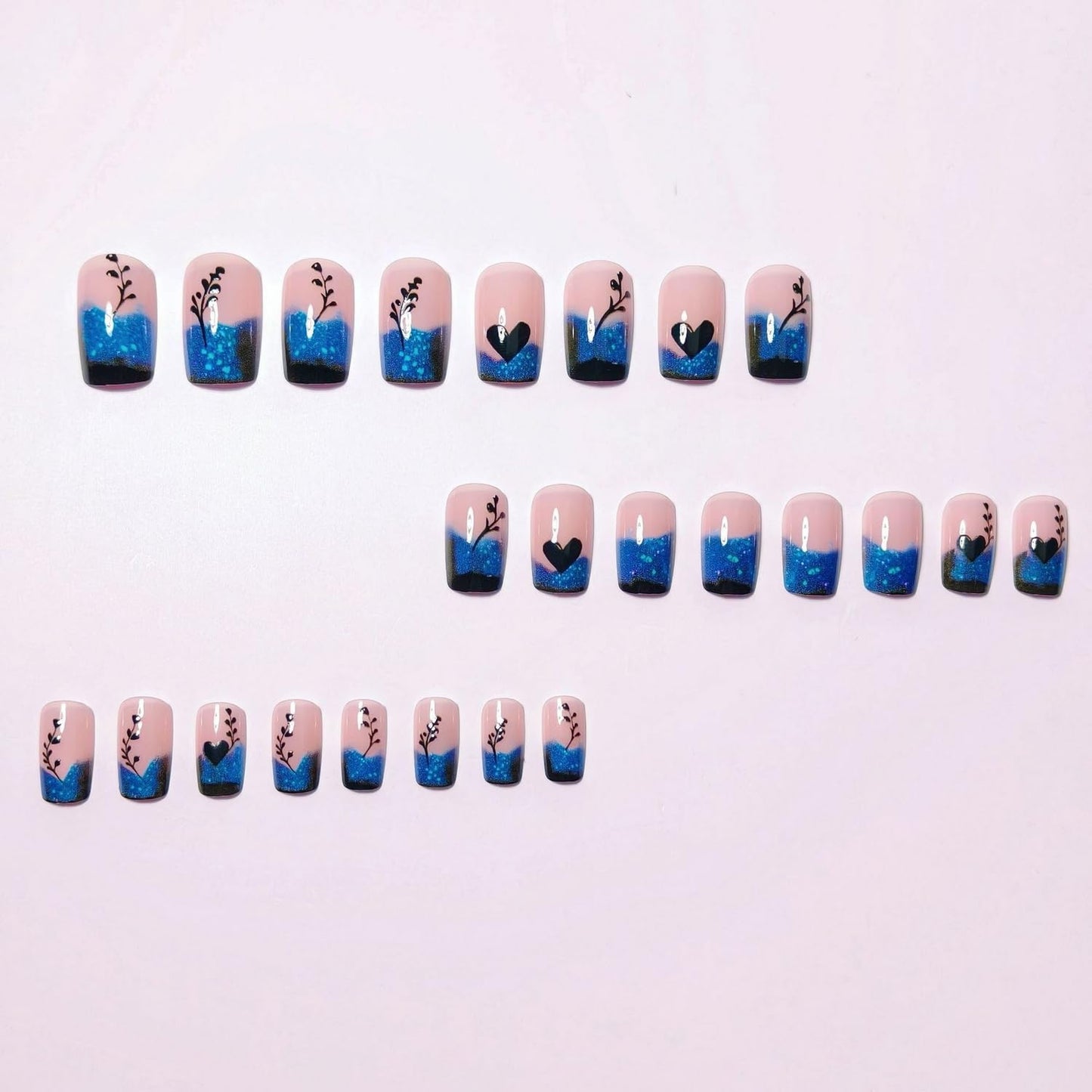 Blue Gradient French Tip Press on Nails Short Square Shaped False Nails Heart Love Pattern Designs Glitter Acrylic Fake Nails Full Cover Glossy Artificial Stick on Nail Women Nail Art DIY 24 Pcs
